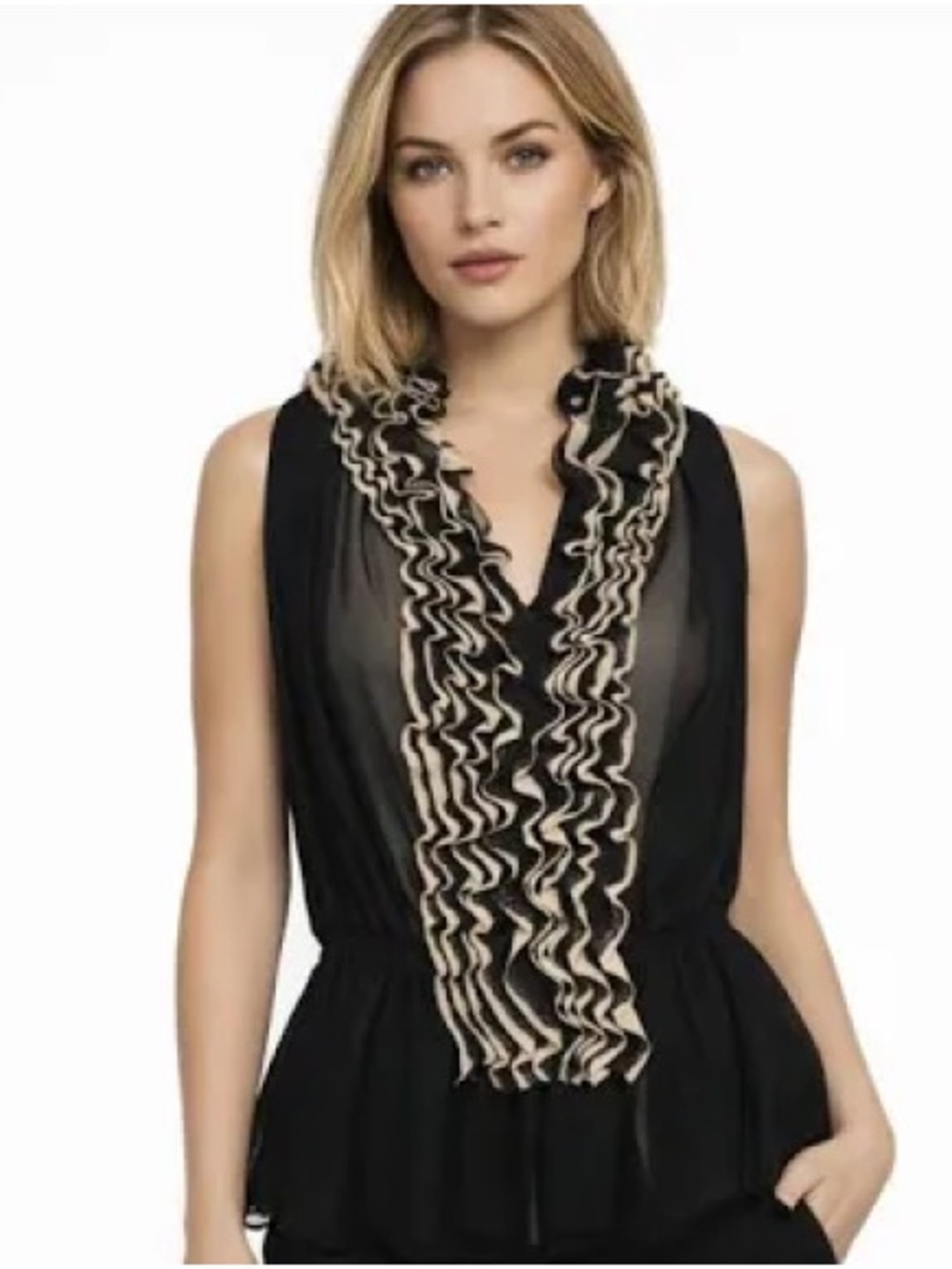 ROBERT RODRIGUEZ Black Beige Ruffle Tunic Tank Top Blouse SZ XL